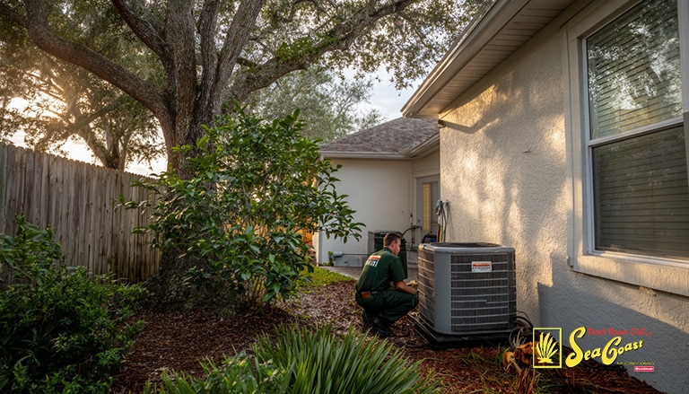 An Seacoast Air technician inpsecting an ac unit