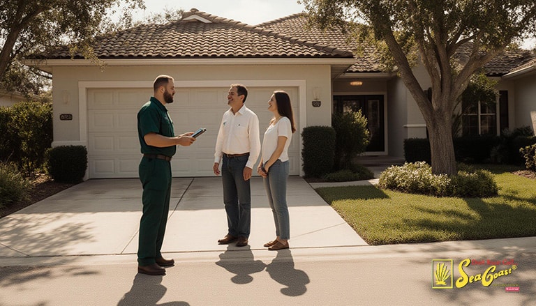 a hvac contractor discussing options with two homeowners