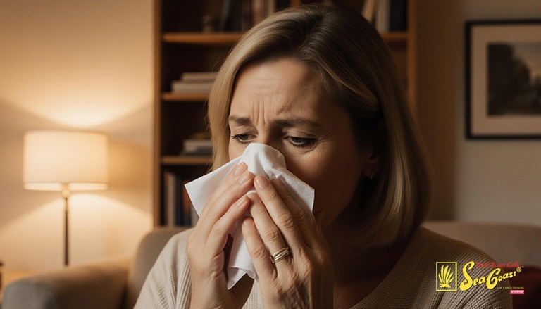 woman blowing her nose due to allergens