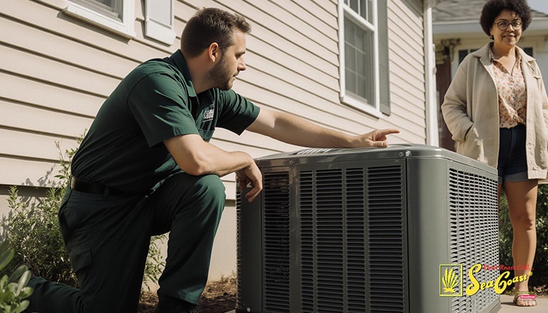 a Seacoast air technician inspecting an a/c unit