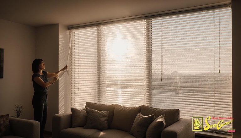 women closing up window blinds