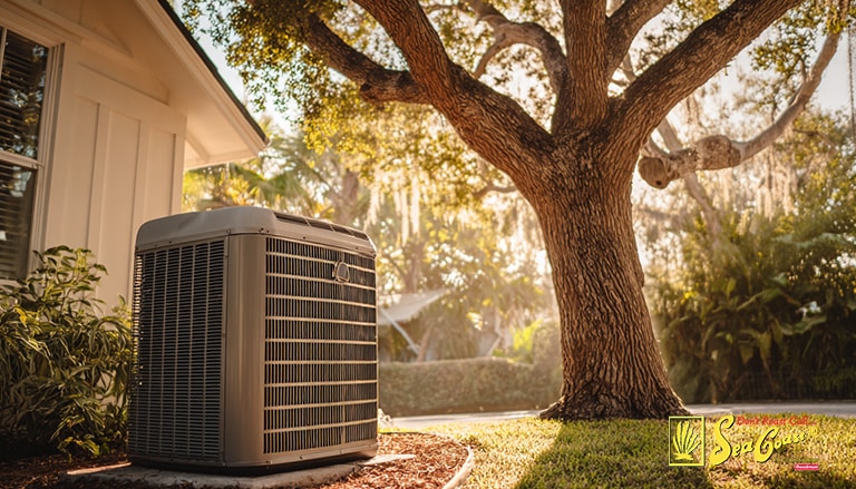an ac unit cleared of debris and clean landscaping