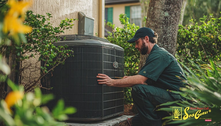 a Seacoast Air tech performing maintanace on an a/c unit.