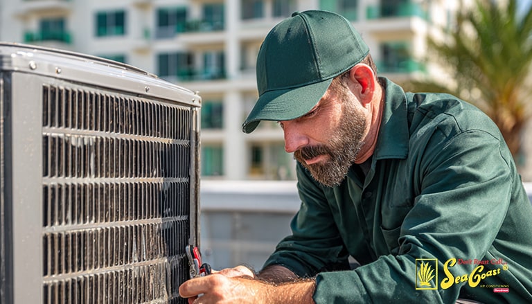 An Seacoast Air technician performing maintenance on a commercial a/c unit.