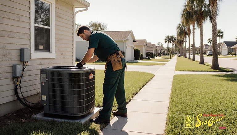 a Seacoast Air technician inspecting an outdoor a/c unit