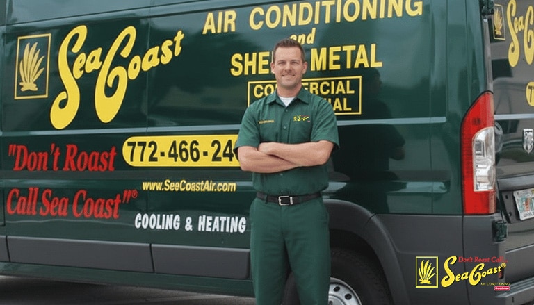A Seacoast Air technician posing in front of the work van