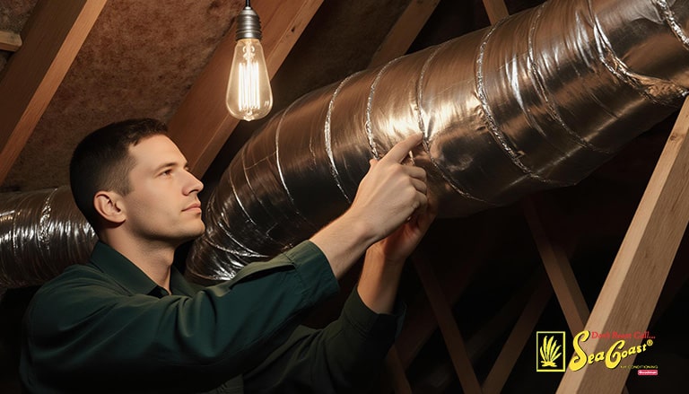 A Seacoast Air technician conducting a duct inspection