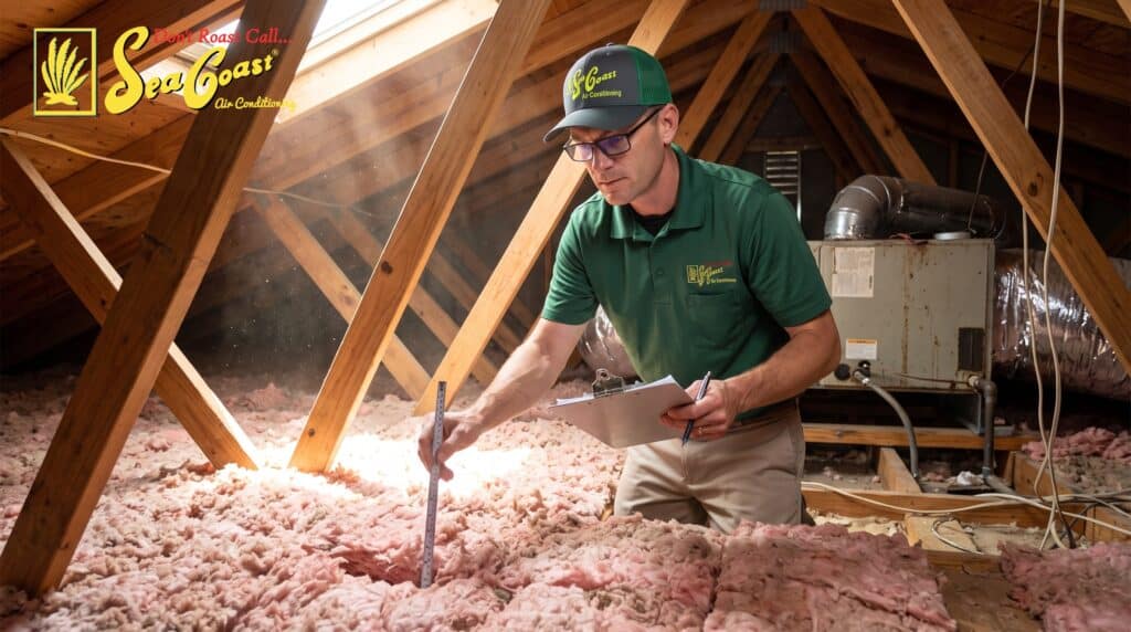 a Seacoast Air technician checking out the insulation